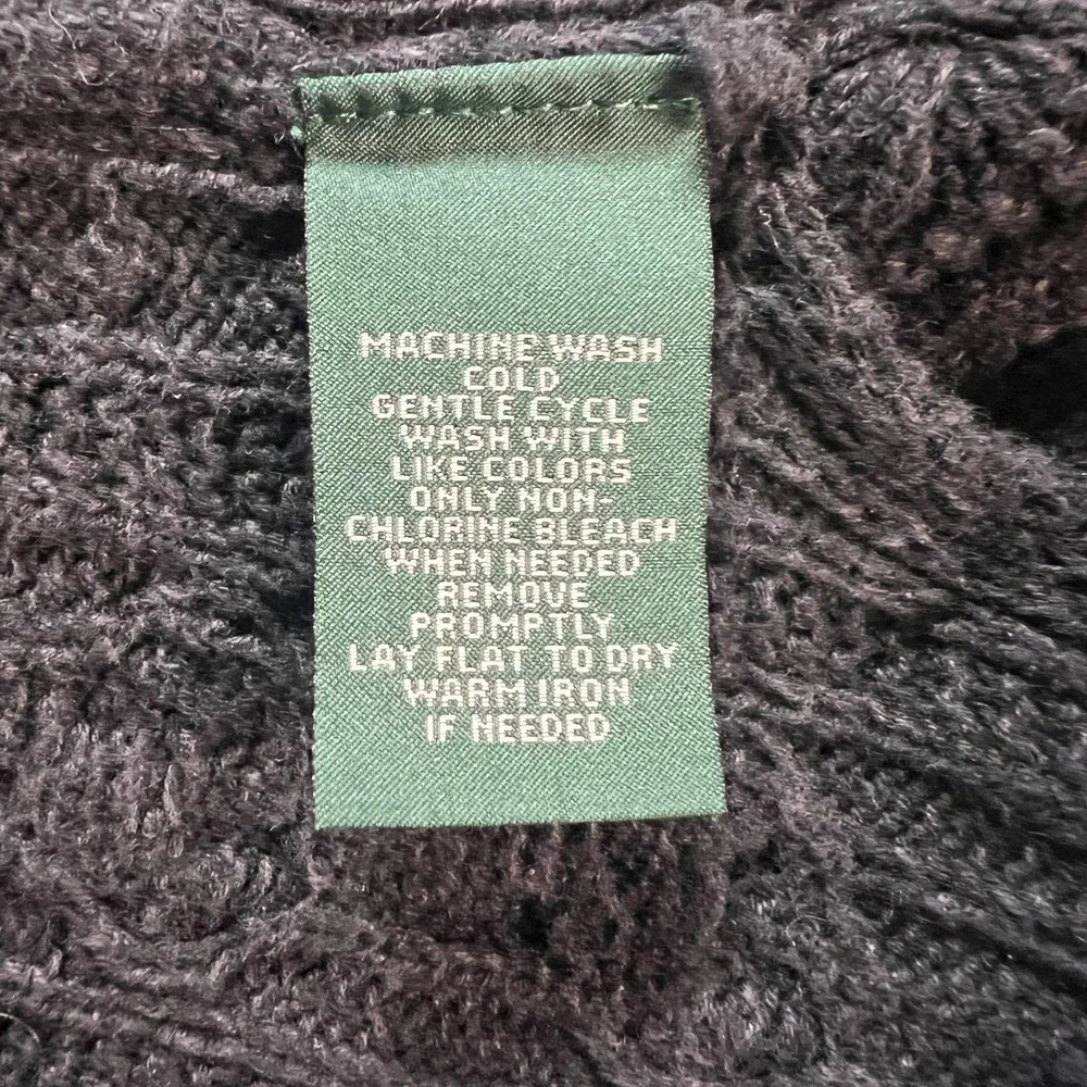 Ralph Lauren LRL Sweater Women Large Charcoal Cotton Cable Knit Roll Trim Preppy